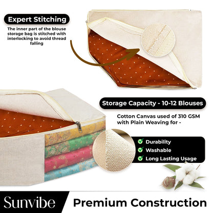 Sunvibe Cotton Canvas Blouse Organizer for Wardrobe – Pack of 3 | Blouse Covers for Storage | Durable Clothes Organizer (38 x 25 x 17 cm)