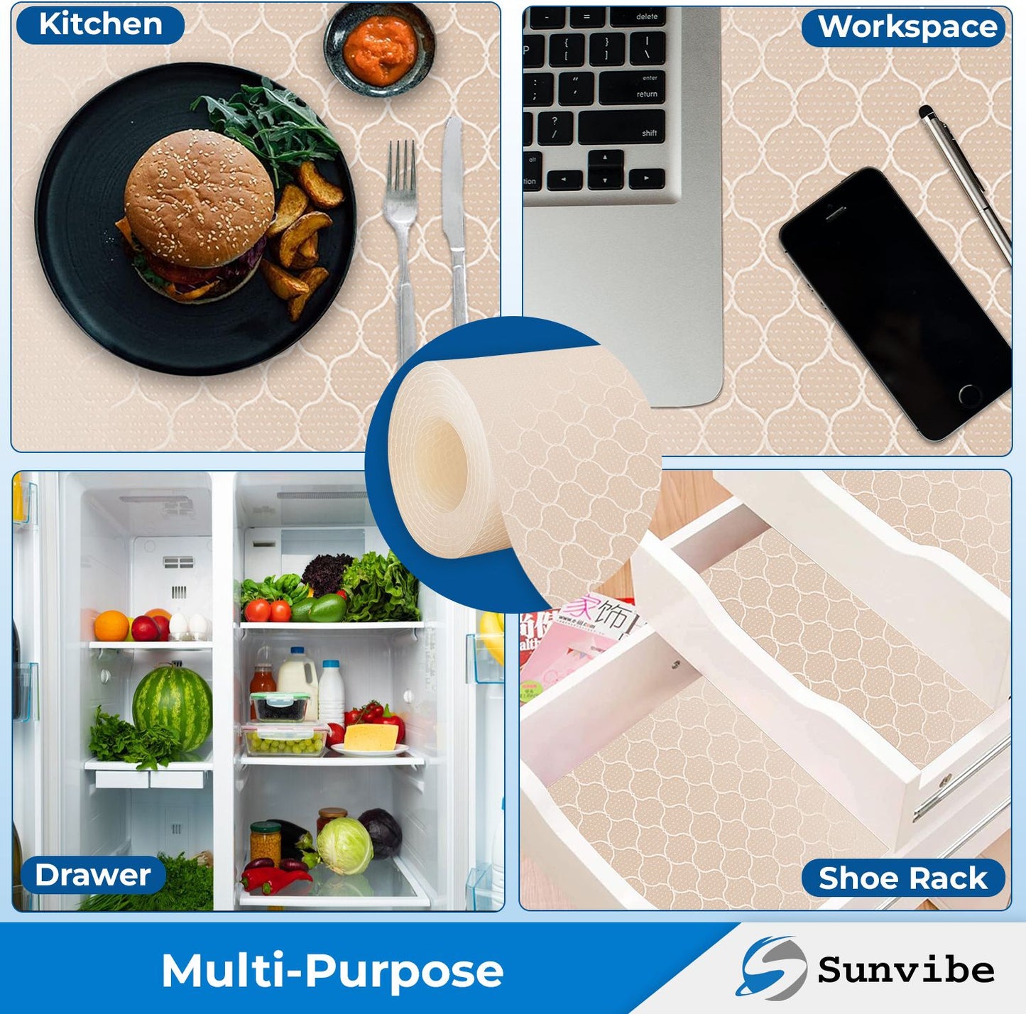 SUNVIBE Printed Shelf Liner – Anti-Slip Mat for Kitchen, Drawers & Fridge (White-Net)