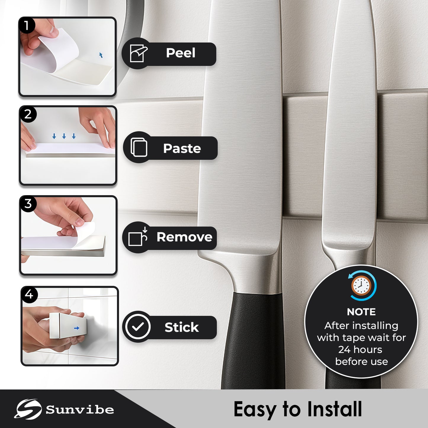 Sunvibe Magnetic Knife Strip – Wall Mounted Knife Bar with Strong Magnet | Adhesive Mount, No Drilling | Space-Saving Kitchen Organizer & Multi-Purpose Tool Holder for Home & Restaurant