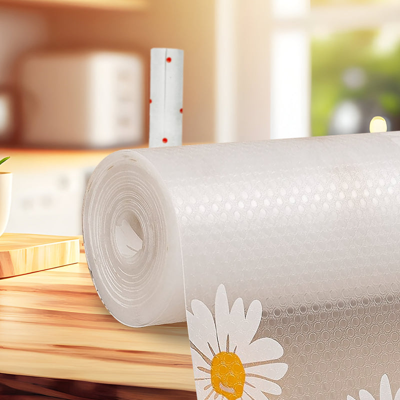 SUNVIBE Printed Shelf Liner – Anti-Slip Mat for Kitchen, Drawers & Fridge (White-Flower Design)