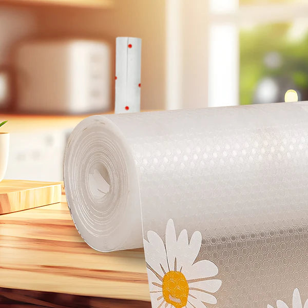 SUNVIBE Printed Shelf Liner – Anti-Slip Mat for Kitchen, Drawers & Fridge (White-Flower Design)