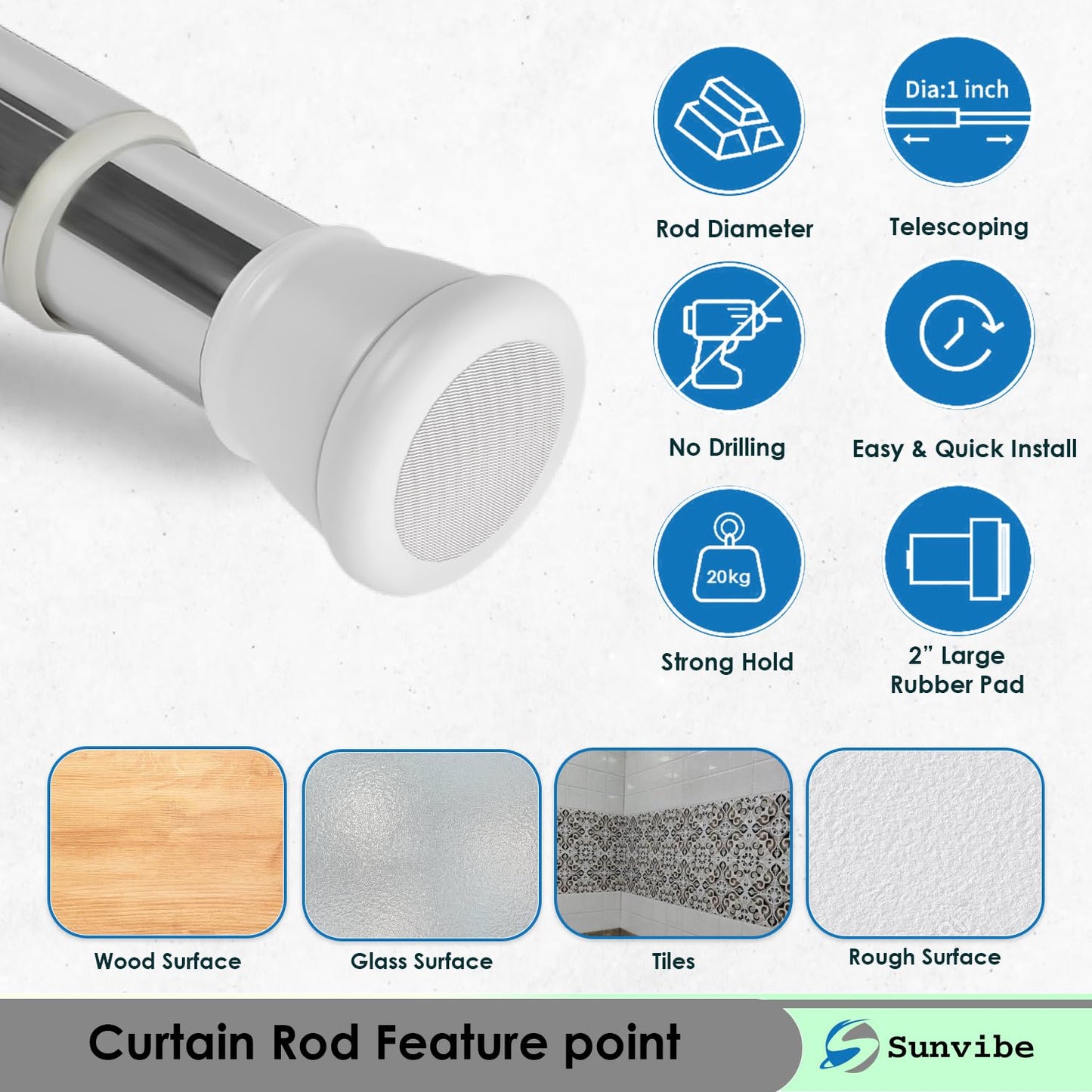 Extendable Shower Curtain Tension Rod – Non-Drilling, Anti-Skid Spring Pull Rod White-Silver