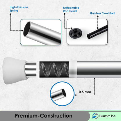 Extendable Shower Curtain Tension Rod – Non-Drilling, Anti-Skid Spring Pull Rod White-Silver