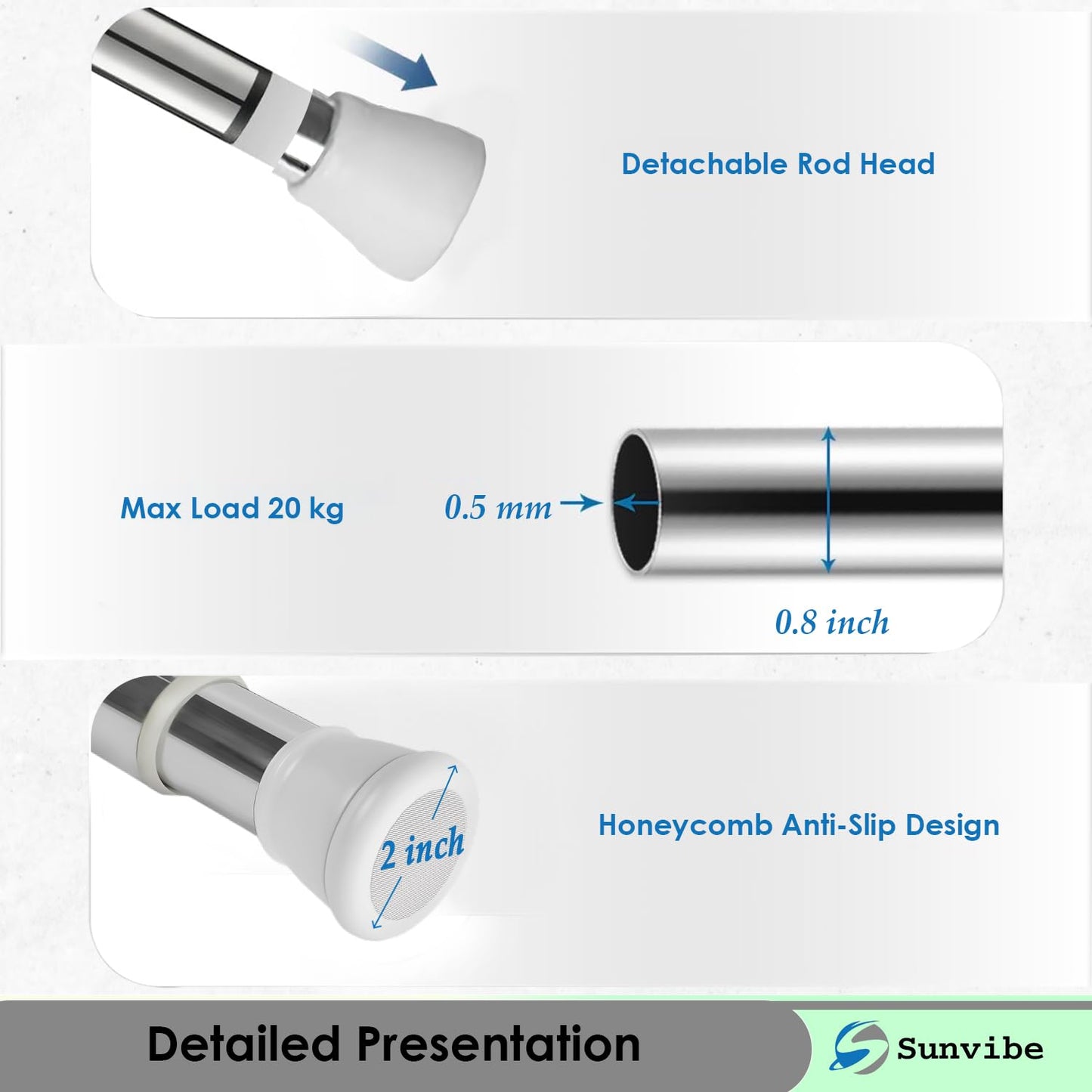 Extendable Shower Curtain Tension Rod – Non-Drilling, Anti-Skid Spring Pull Rod White-Silver