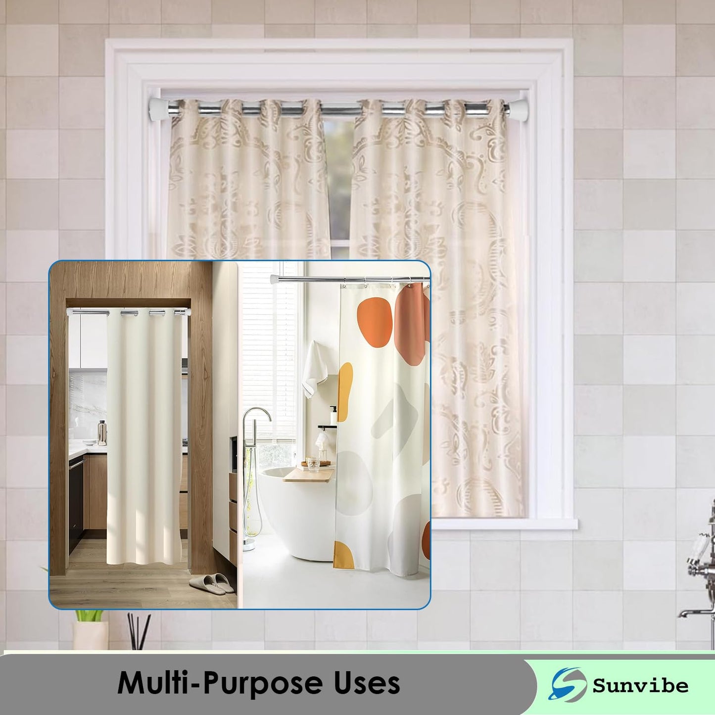 Extendable Shower Curtain Tension Rod – Non-Drilling, Anti-Skid Spring Pull Rod White-Silver