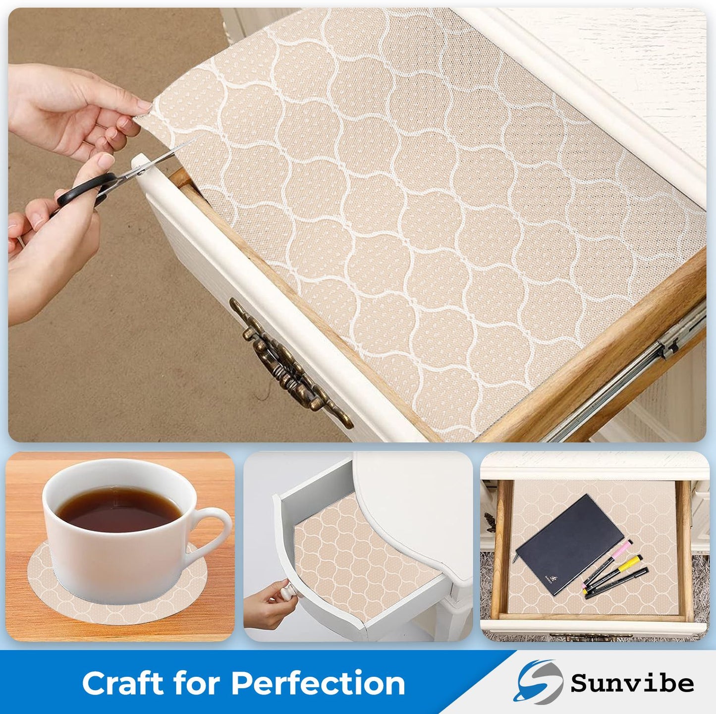 SUNVIBE Printed Shelf Liner – Anti-Slip Mat for Kitchen, Drawers & Fridge (White-Net)